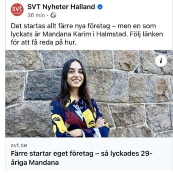 En artikel från SVT Nyheter Halland som handlar om Mandana som är en ung kvinna som startar 21 Marketing